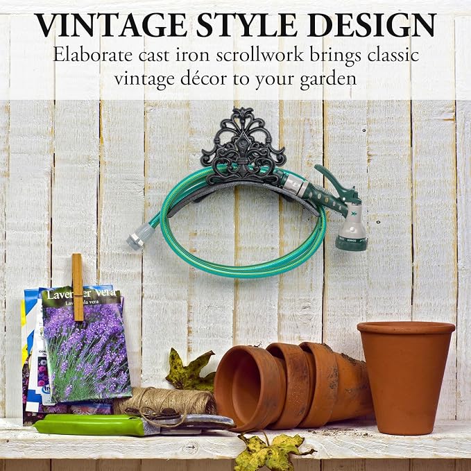 MyGift Wall Mounted Garden Hose Holder, Decorative Vintage French Floral Scrollwork hose Reel Hanger, Black Cast Iron Water Hose Storage Rack
