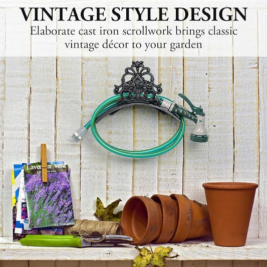 MyGift Wall Mounted Garden Hose Holder, Decorative Vintage French Floral Scrollwork hose Reel Hanger, Black Cast Iron Water Hose Storage Rack