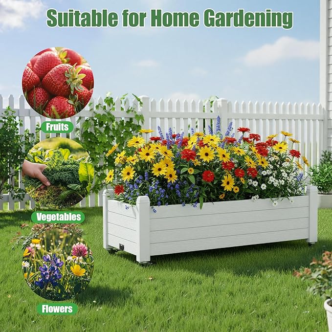 Raised Garden Bed with Wheels Outdoor, Resin Planter Box with Drain Hole and Water Level Detector for Backyard, Patio, Balcony(White)