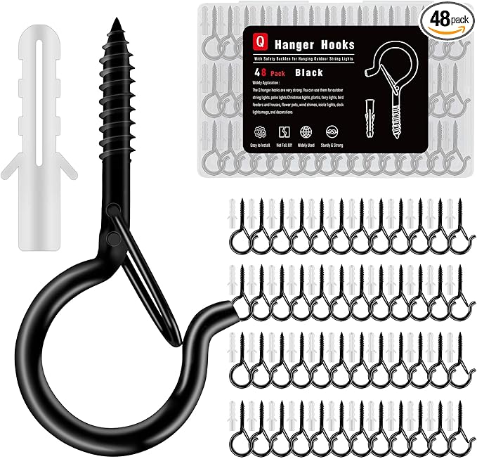 48 Pack Black Screw Hooks with Safety Buckle - 2.3 Inch Rustproof Eye Ceiling Hooks for Hanging Plants,Outdoor String Lights,Baskets,Christmas Lights & Decor,40lb Capacity (48, Black)