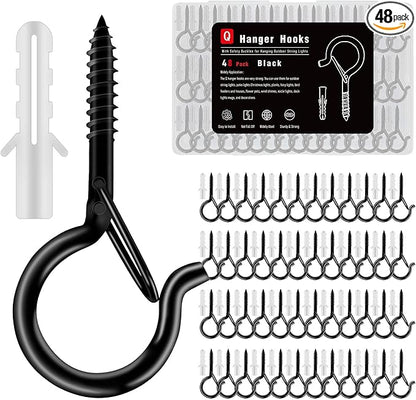48 Pack Black Screw Hooks with Safety Buckle - 2.3 Inch Rustproof Eye Ceiling Hooks for Hanging Plants,Outdoor String Lights,Baskets,Christmas Lights & Decor,40lb Capacity (48, Black)