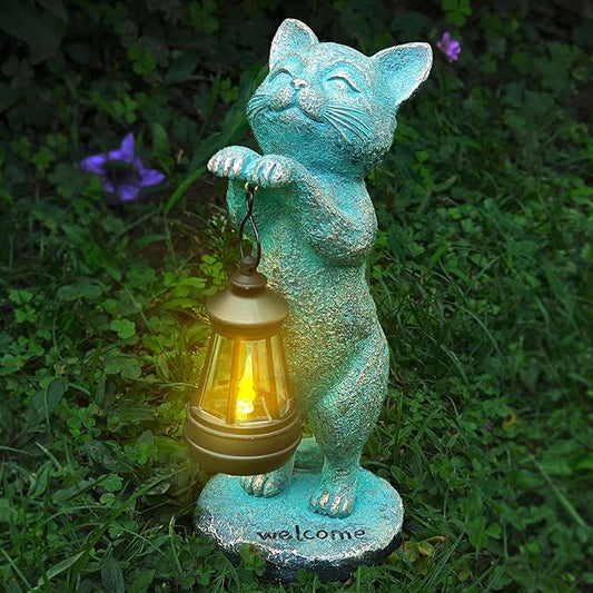 Outdoor Garden Cat Statues Decor - Birthday Gifts for Women Resin Cat Figurines with Solar Lantern for Yard Art Lawn Ornaments Porch Patio Balcony - Gifts for Grandma Mom Wife