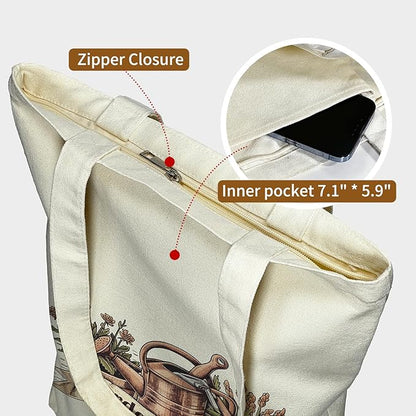 itgowisa Canvas Tote Bag for Women, Tote Bag with Zipper Inner Pocket, Zippered Canvas Bag for Shopping Work Grocery Everyday