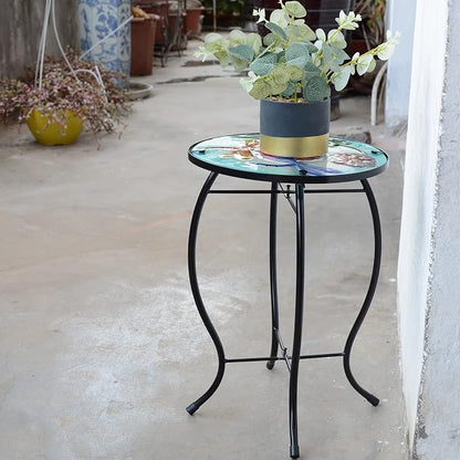 Dragonfly Patio Side Table, Small Patio Outdoor Side Table, Plant Table,Metal Glass End Table for Porch Garden Yard Pool.