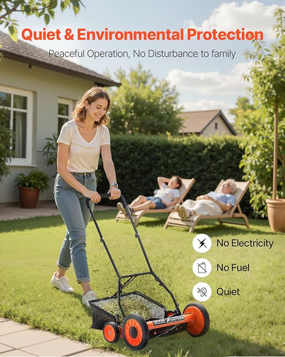 VEVOR Push Reel Lawn Mower 18 inch, 5 Blades Manual Push Mower No Motor, 1.37-2.44 in Adjustable Cutting Height, Walk-Behind Lawn Mowers with Grass Catcher Bag for Green Lawns, Driveways, Courtyards