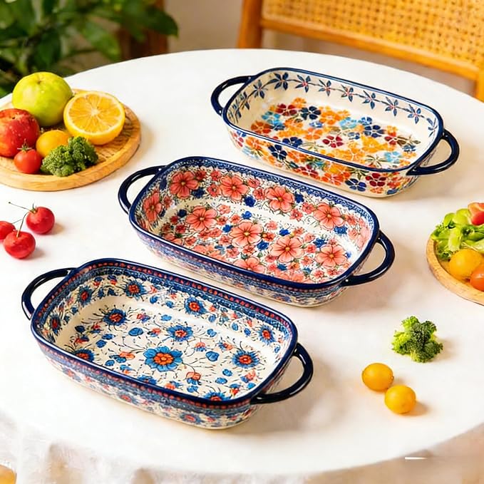 Ceramic Baking Dish with Handles, ceramic bakeware，Hand-painted Polish Pottery Baking Dish Set of 2,Baking Pan Lasagna Pan, Rectangular, Floral Pattern,baking tray Oven Safe 13.22x7.5x2.8 In (blue)