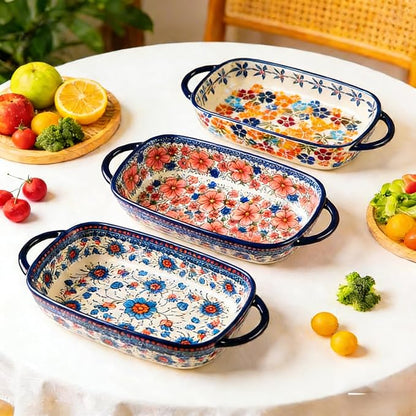 Ceramic Baking Dish with Handles, ceramic bakeware，Hand-painted Polish Pottery Baking Dish Set of 2,Baking Pan Lasagna Pan, Rectangular, Floral Pattern,baking tray Oven Safe 13.22x7.5x2.8 In (blue)