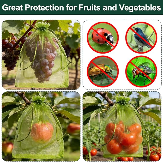 100Pcs Fruit Protection Bags, Green Drawstring Mesh Netting Covers, 3.9X5.9Inch Pest Barrier for Strawberry, Tomato, Blueberry & Small Fruits Vegetables Garden