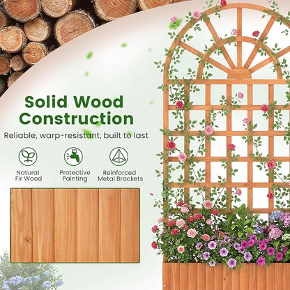Giantex Wooden Raised Garden Bed with Arched Trellis, 71” Fir Wood Outdoor Elevated Planter Box Privacy Screen with Drainage Holes, Vertical Garden Bed for Climbing Plants, Patio Balcony Backyard