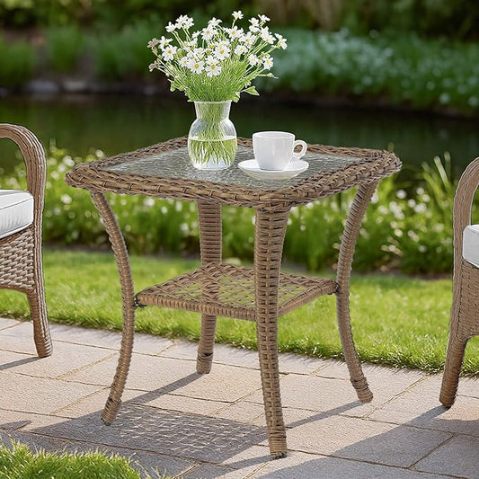 MEETWARM Wicker Outdoor Side Table, All-Weather Patio Rattan Side Table with Tempered Glass Top and Storage Shelf, Small Patio End Table for Outside Indoor Poolside Deck Garden, Brown