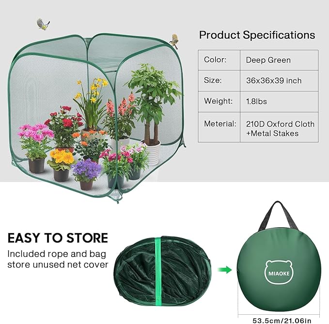 MIAOKE 2 Pack Pop Up Mesh Plant Cover, 35.4x35.4x38.2 Inch No Build Protection Against Insects Garden Netting, Raised Bed Cover for Barrier Against Insects for Vegetable Plant Fruit Animals