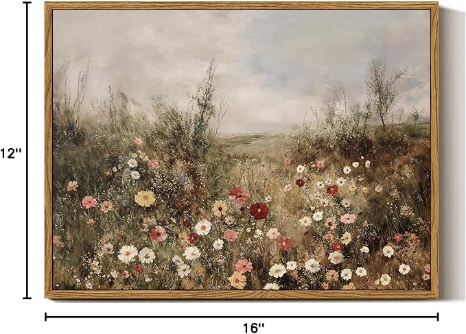InSimSea Framed Canvas Prints Art Vintage Decor, Classical Wildflower Field Meadow with Flowers Painting, Rustic Landscape Wall Art for Living Room Bedroom Home Bathroom Wall Decor, 12x16inch