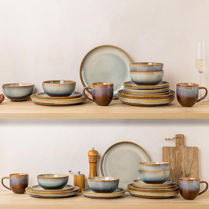 TheTerra Stoneware Dinnerware Sets for 4, 12 Pieces Ceramic Plates and Bowls Sets, Scratch Resistant Dish Set, Oven, Microwave & Dishwasher Safe, Dusk Blue