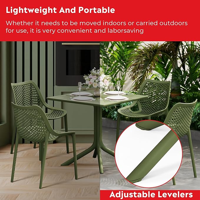Costaelm Dining Room Chairs Set of 4, HDPE Patio Square Coffee Table and Stackable Chairs, Outdoor Deck Furnitures All Weather for Backyard Poolside, Olive Green