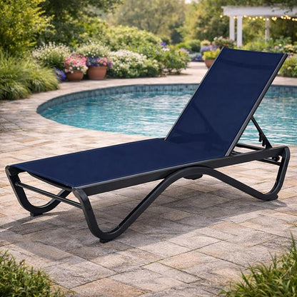 Kozyard Outdoor Chaise Lounge Chair, All Aluminum Frame and Textilene Fabric, Fully Flat Adjustable Reclining Patio Lounger for Poolside, Sunbathing & Backyard (NavyBlue)