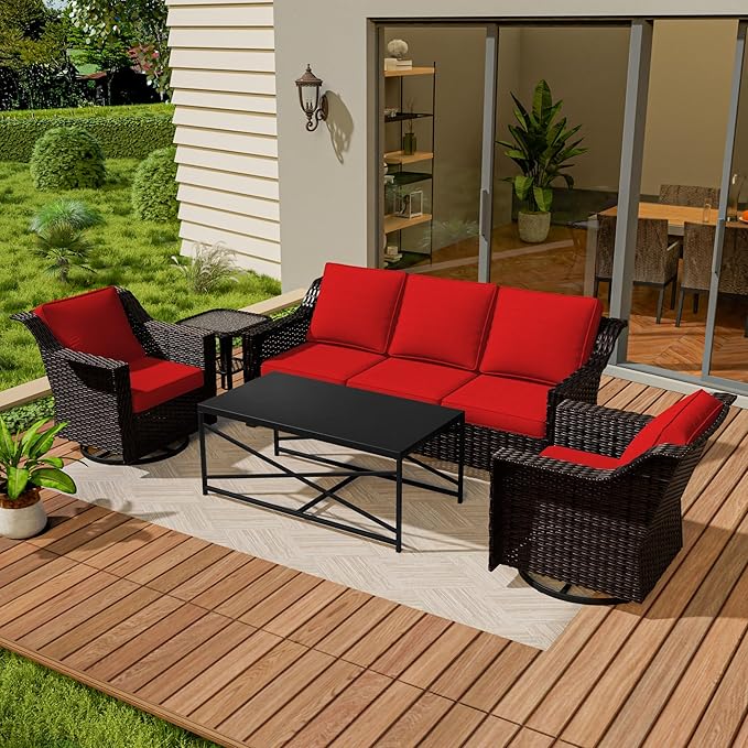 Vista Vibe 5 Pieces Outdoor Rattan Patio Conversation Furniture Set - 78" 3-Seat Sofa | 2 Swivel Glider Rocker Chairs | Wicker End Table | Metal Table, Upholstered Loveseat, Deck (Brown/Red)