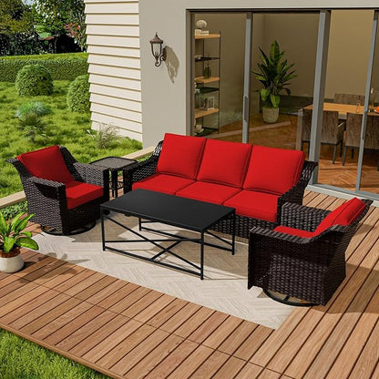 Vista Vibe 5 Pieces Outdoor Rattan Patio Conversation Furniture Set - 78" 3-Seat Sofa | 2 Swivel Glider Rocker Chairs | Wicker End Table | Metal Table, Upholstered Loveseat, Deck (Brown/Red)