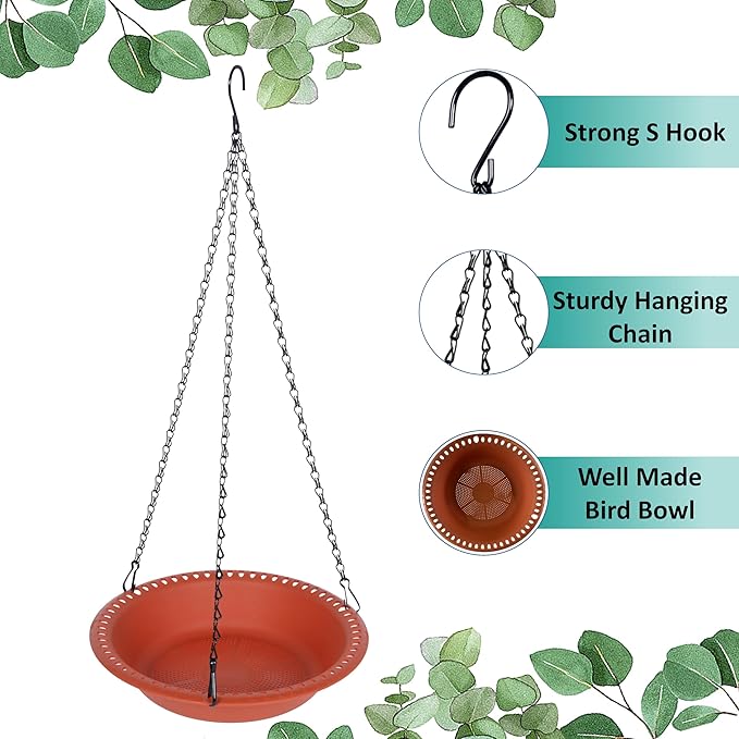 Hanging Bird Feeder Tray 10inch with Drainage Holes Fit Most Seed, Bird-Feeder Hanging for Garden Yard Outside, Terracotta
