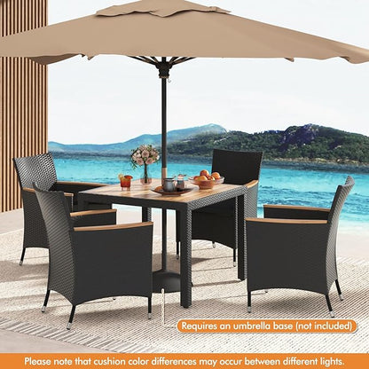 Tangkula 5 Pieces Patio Dining Table Set for 4, Rattan Conversation Set with Umbrella Hole, Seat Cushions & Acacia Wood Tabletop, Outdoor Dining Table with 8 Chairs for Backyard (Black)