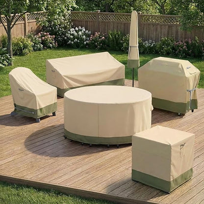 COWVIE Round Patio Dining Set Cover for Outdoor Table and Chairs, 600D Waterproof and UV-Resistant Fabric Patio Furniture Cover with Storage and Air Vent, 108''Dia x 32''H