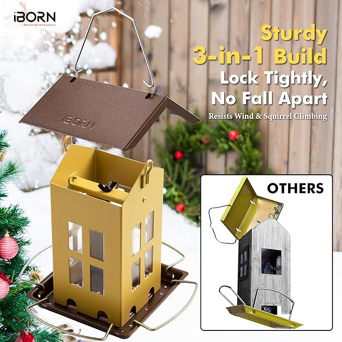 iBorn Bird Feeder House, Metal Bird Feeders for Outdoors Hanging,Double-Sided Metal Hanger & Weatherproof, Easy to Clean & Refill, 2.2 Lbs Capacity, Muted Yellow