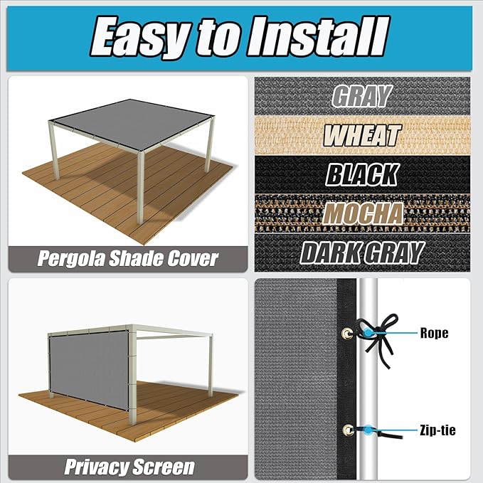 Amagenix 90% Shade Fabric 8'X 19' Light Gray Sun Shade Cloth with Grommets for Pergola Replacement Shade Cover Canopy, Heavy Duty, Cable Zip Ties Included (We Customized)