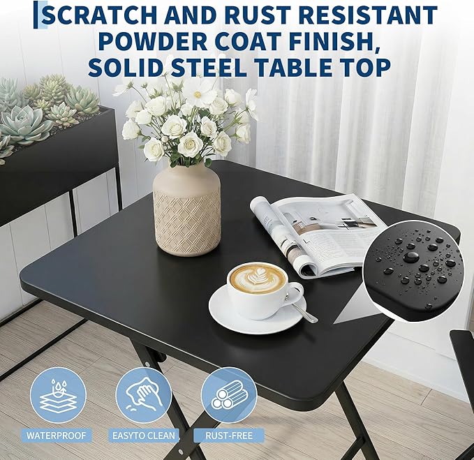 Outdoor Square Bistro Set 3 Piece, Black Iron Tube Patio Furniture Set with Square Table & 2 Chairs, Foldable Steel Backyard Deck Porch Garden , Space Saving Outdoor Dining Set for Small Spaces