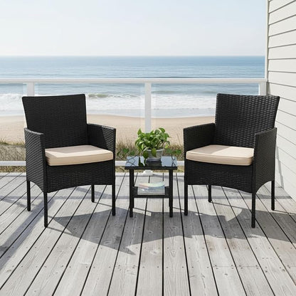 FDW 3 Pieces Patio Furniture Set Outdoor Wicker Bistro Sets Modern Rattan Chair Conversation Sets with Coffee Table for Yard Backyard Lawn Porch Poolside Balcony,Khaki Cushion