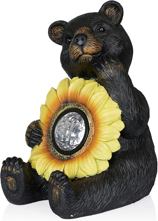 Alpine Corporation 16" H Outdoor Solar Powered Bear Statues with Sunflower LED Light, Brown/Yellow