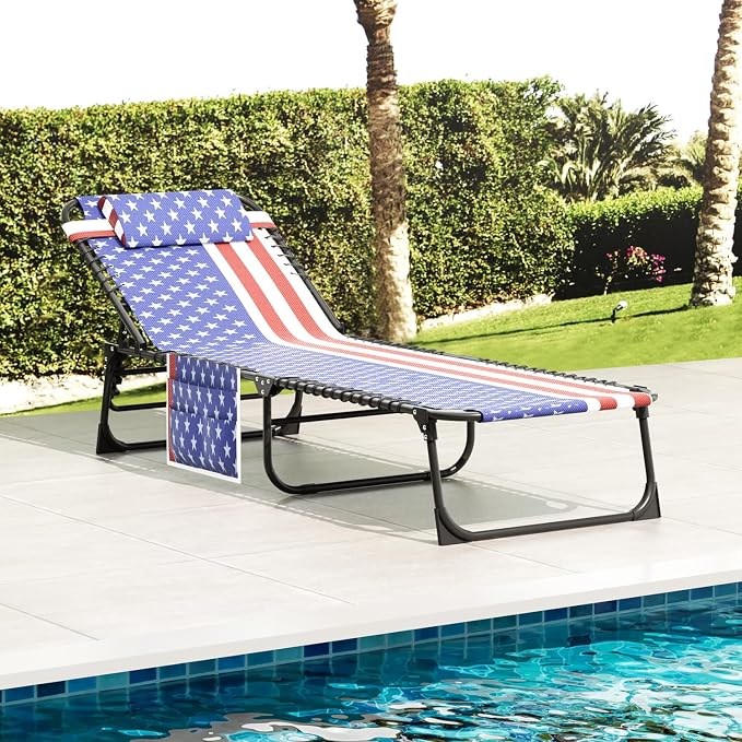 EBE Outdoor Lounge Chair, Portable Chaise Lounge Chair, Folding Sun Tanning Chairs with Detachable Pillow and Side Pocket, Reclining Chairs for Pool Beach Sunbathing, Tricolor Stripe
