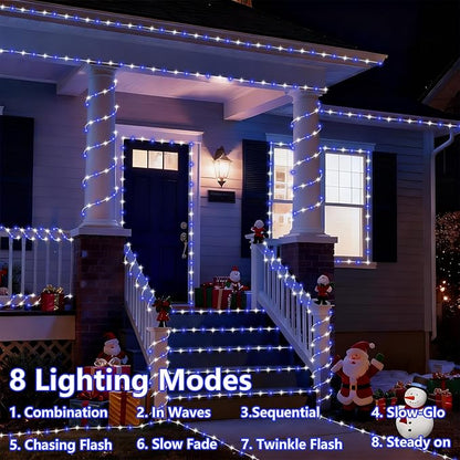YEGUO 4 Pack Blue and White Solar Fairy Lights, Each 33ft 100 LED Christmas Lights Outdoor Waterproof, 8 Modes Sliver Wire Solar String Lights