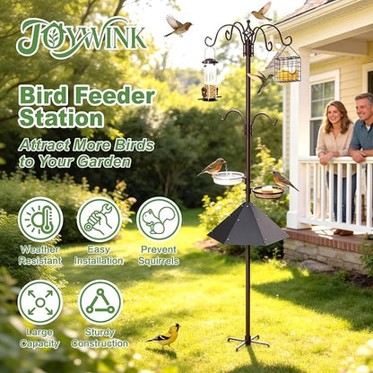 83" Bird Feeding Station Kit with Metal Squirrel Baffle, Heavy Duty Metal Bird Feeding Station with Seed Tray＆Mesh Basket, Easy Assembly Ground Mounted Bird Feeder Pole for Garden Yard Outdoor