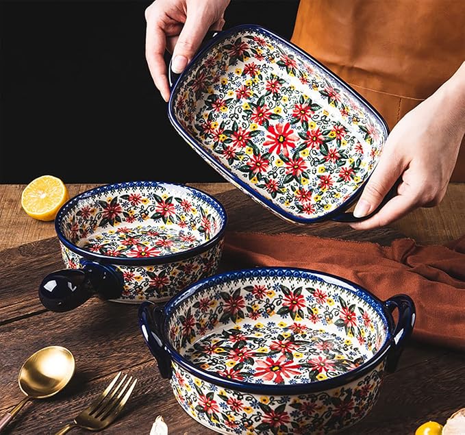 Red Daisy Flower Vintage Style Ceramic Bakeware Casserole Dish Baking Pan Lasagna Pans Baking Dish with Handles for Oven/Cooking/Kitchen-1 PCS, 32 OZ