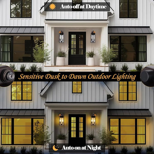 Oil Rubbed Bronze Dusk to Dawn Outdoor Light Fixture 18”, 2-Light Candelabra Photocell Porch Light with Water Ripple Glass Large Brown Outside Wall Light for House Wall Mounted Lamp, E12