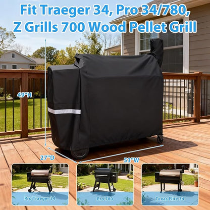Utheer Grill Cover for Traeger 34 Series, 600D Waterproof Pellet Smoker Cover with Drawstring, Fits Pro 34 & Pro 780, BAC380 Cover All Weather Protection