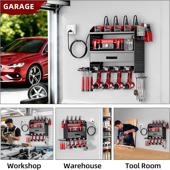 Power Tool Organizer Wall Mount Heavy Duty 130 lbs, 4 Layers Storage Rack with 6 Drill Holders & Battery Storage, Cordless Tool Organizer for Garage, Workshop & Tool Room