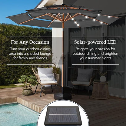 Best Choice Products 10ft 3-Tier Solar Patio Market Umbrella, Outdoor Sun Shade for Backyard, Deck, Poolside, Table w/Woodgrain Pattern, LED Lights, Tilt Adjustment - Gray