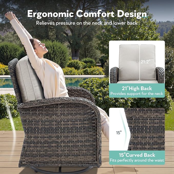 Outdoor Swivel Glider Rocker Chairs Set- 5 Piece Patio Furniture Set, Patio Bistro Sets with Tempered Glass Side Table and 2 Ottoman, for Balcony, Porch - Brown Wicker, Beige Cushion