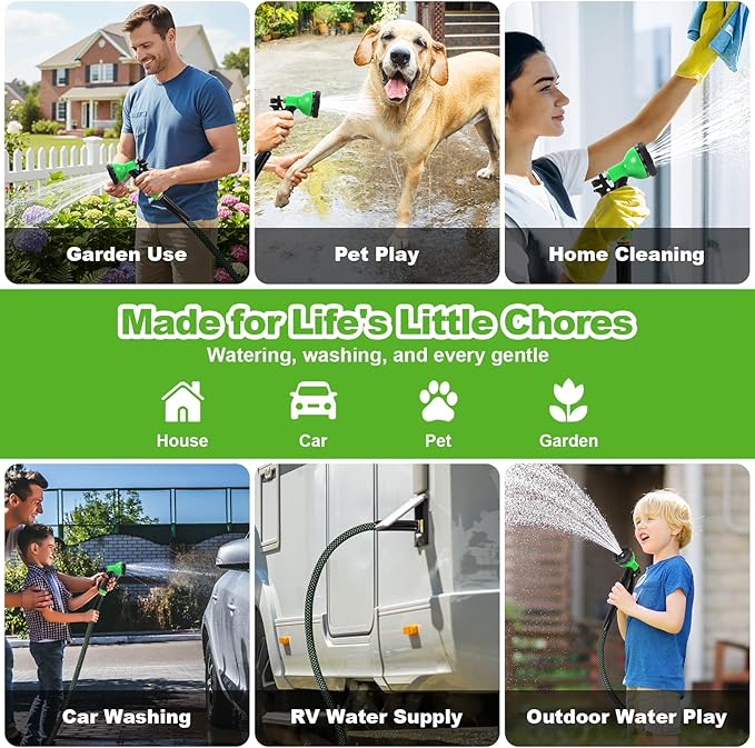Garden Hose 50ft, Non-Expanding Water Hose with 10 Function Nozzle, Lightweight, Kink Free, Sturdy, Leak-Proof, Portable, Flexible Hose 50ft for Outdoor, Yard, Lawn, Car Wash and Camper Use