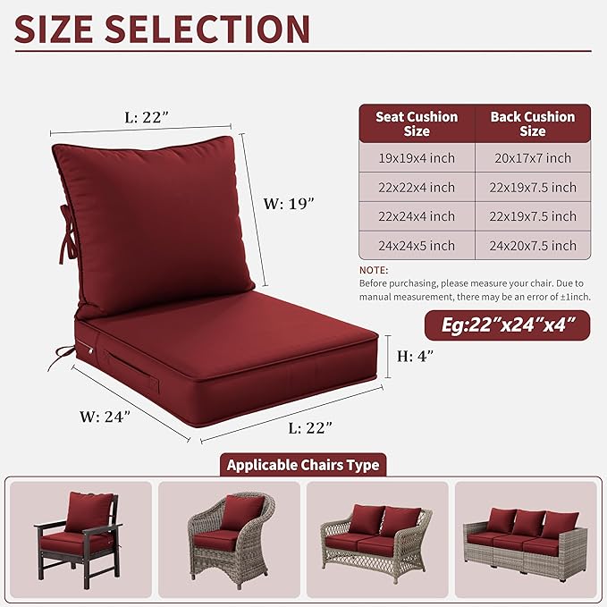 Premium Outdoor Seat Cushion Chair Cushions for Patio Furniture 22 L X 24 W X 4 H Waterproof & Fade Resistant Deep Seat and Backrest Cushion Set with Removable Covers for Chair, Sofa