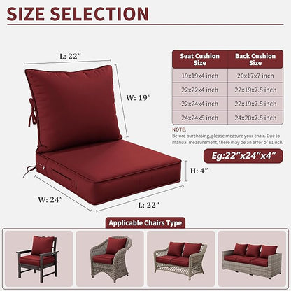 Premium Outdoor Seat Cushion Chair Cushions for Patio Furniture 22 L X 24 W X 4 H Waterproof & Fade Resistant Deep Seat and Backrest Cushion Set with Removable Covers for Chair, Sofa