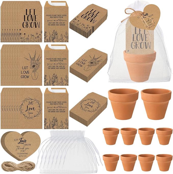 Reallnaive 24 Sets Wedding Favor Flower Seeds Let Love Grow Seed Packets for Guests Family Reunion Wildflower Mini Terracotta Pots Seed Packets Self Adhesive Envelopes Thank You Tags Organza Bags