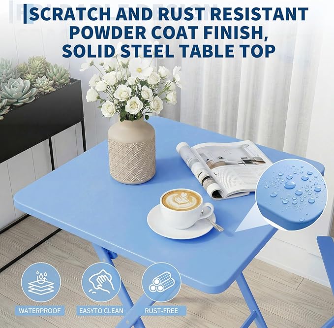 GarveeTech 3-Piece Folding Bistro Set, Heavy Duty Outdoor Patio Furniture with 2 Chairs & 1 Table, Weather-Resistant Steel Frame, No Assembly Required for Garden, Yard, Balcony,Blue