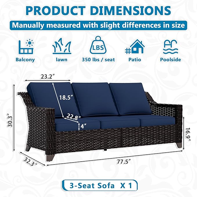 VistaVibe 78" Patio Wicker 3-seat Sofa, Deep Seat & Upholstered Loveseat, Outdoor All-Weather Rattan Couch with Removable Cushions, Steel Frame Couch for Garden, Poolside (Brown/Navy)