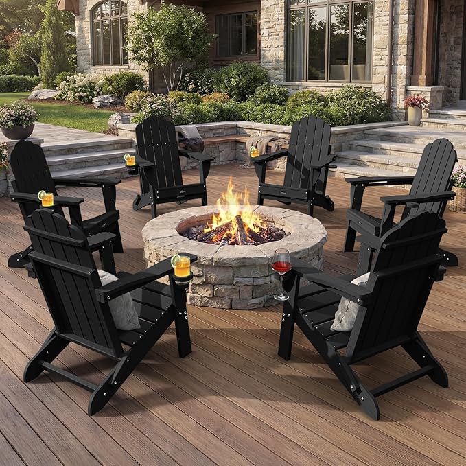 Adirondack Chairs Set of 6, Fire Pit Chairs, Wood Texture Patio Chairs with 2 Cup Holder, Outdoor Lawn Chair, Black