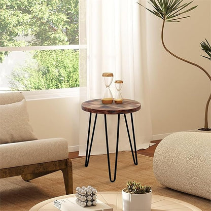 Wood Multi Color Side Table 17.5" x 17.5" x 20" H Reclaimed Vintage Round Accent Coffee Table Wooden Rustic Outdoor Patio End Tables Plant Stand Living Room Bedroom