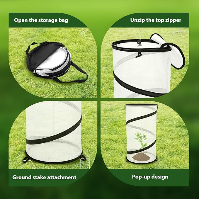 Hoypeyfiy 4 Pcs Pop Up Insect & Bird Barrier Plant Cover Net, 12"x24" Round Foldable Mesh Protector, Garden Cage Guard with Stakes & Carry Bag, Keep Animals & Birds Out for Vegetables and Flowers