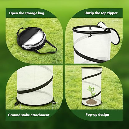 Hoypeyfiy 4 Pcs Pop Up Insect & Bird Barrier Plant Cover Net, 12"x24" Round Foldable Mesh Protector, Garden Cage Guard with Stakes & Carry Bag, Keep Animals & Birds Out for Vegetables and Flowers