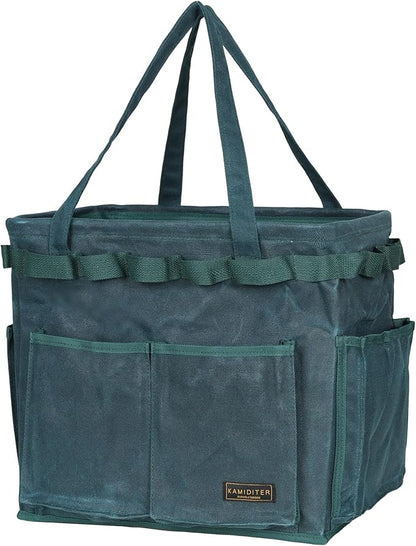 Collapsible Waxed Canvas Tool Pouch with 23 Hanging Holes - Reusable Grocery Bags with Handles for Garden/Camping/Tools/Car Trunk Storage, 14" x 13" x 10" | Dark Green