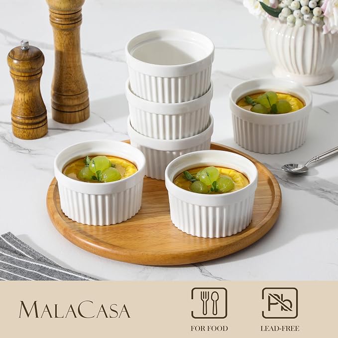 MALACASA Ramekins 12 oz Oven Safe, Porcelain Creme Brulee Ramekins Pudding Custard Cups Large Ceramic Souffle Dishes Ramakan Ramiken Ramicans Baking Bowls Set of 6, White, Series RAMEKIN-DISH